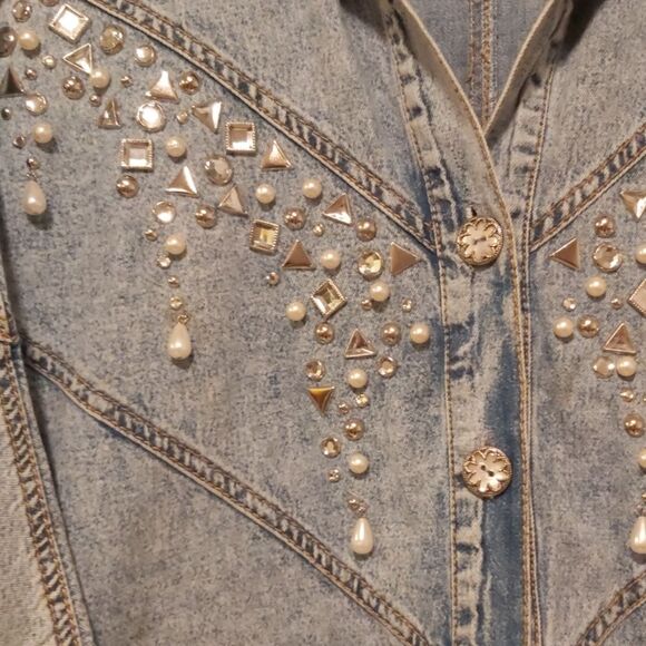 Monique fashions Vintage Blue Jean Embellished Button Up Shirt - Picture 2 of 8